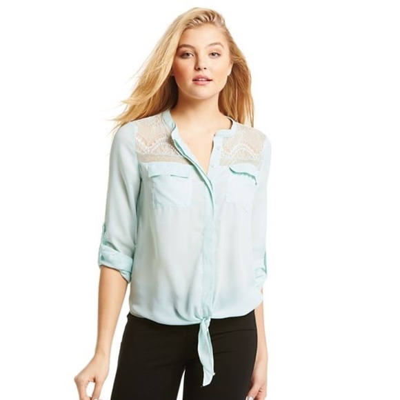 Candie's Lace Front Tie Waist Top - Picture 1 of 7